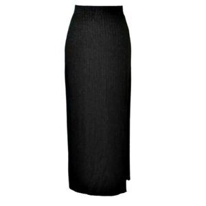 Maxi Skirt Lightweight Ribbed Knit Wide Waistband Side Slit Black Sz Women's S/M